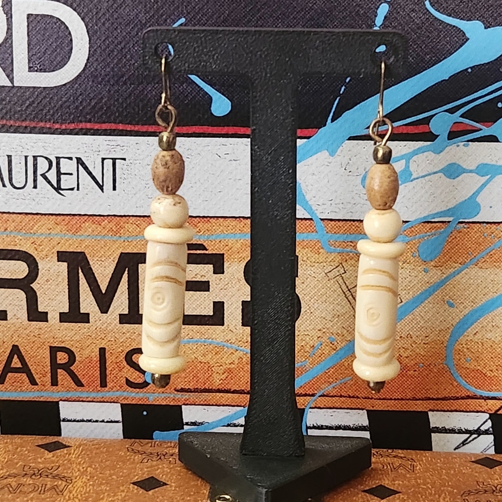 Vintage Bohemian Wooden Style Hand Carved Bamboo Dangle Earrings